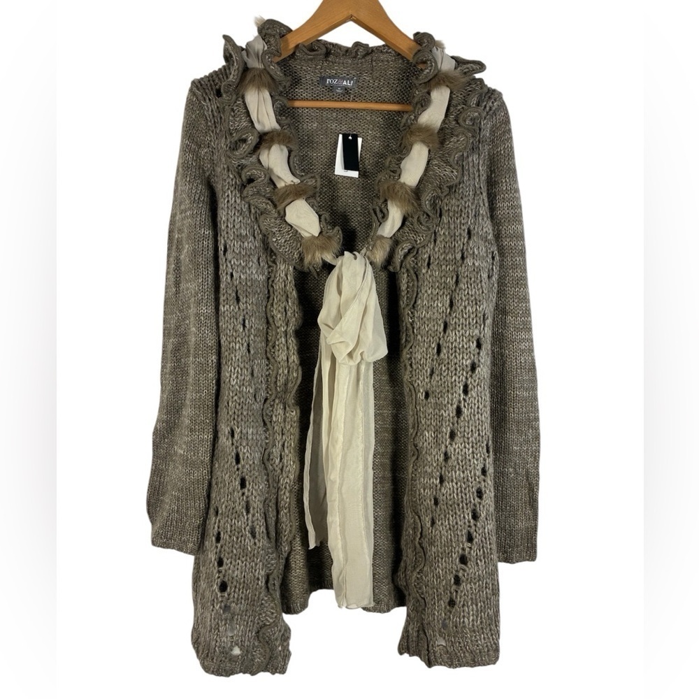 Roz & Ali Long Cardigan M Wool Blend Faux Fur Crochet Knit Viking Nordic Granny
